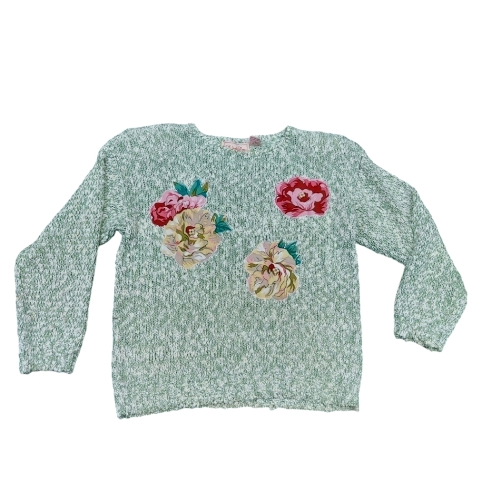 Vintage Penbrooke Lane Sweater Floral Applique Light Green Fall Winter Size M